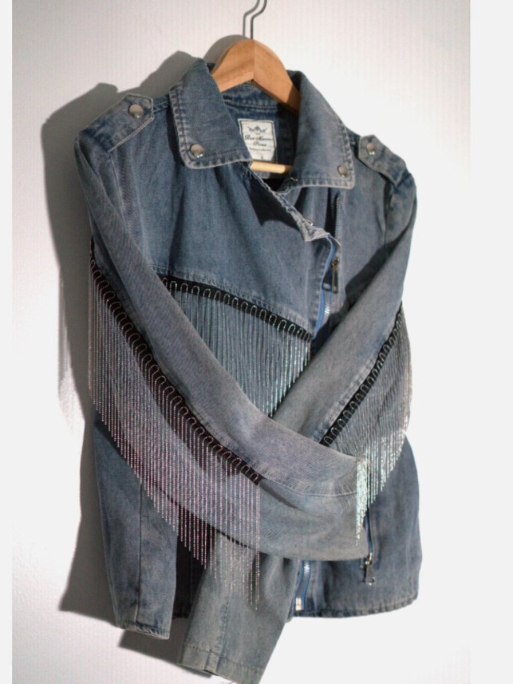 Red Marine Prime Denim Chain Fringe Moto Festival Jacket Large G